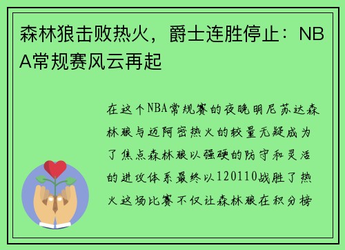 森林狼击败热火，爵士连胜停止：NBA常规赛风云再起
