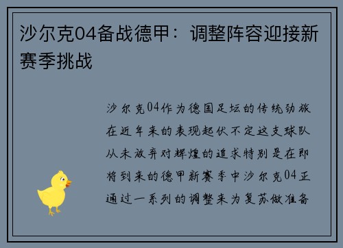 沙尔克04备战德甲：调整阵容迎接新赛季挑战